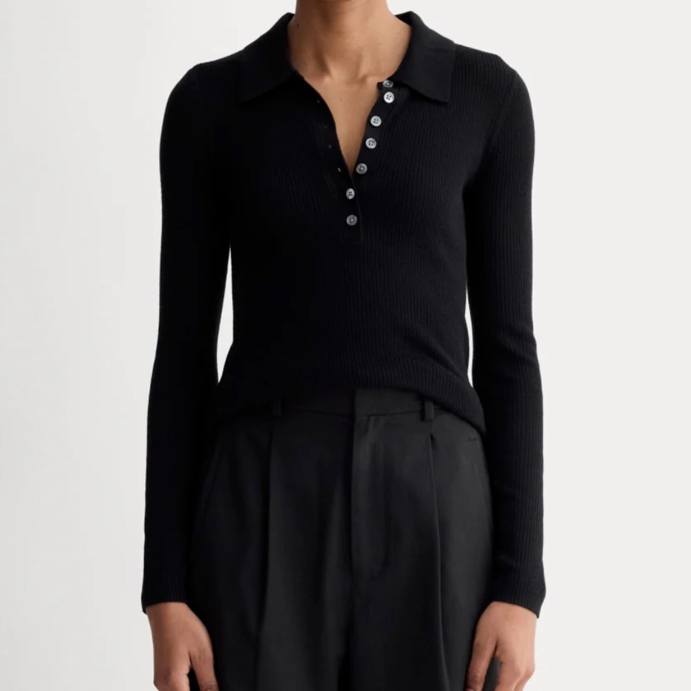 Everlane Black Ribbed Button-Down Polo Top